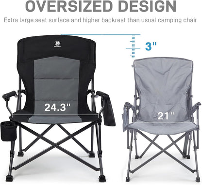 EVER ADVANCED Oversized Folding Camping Chair for Adults, Heavy Duty Lawn Chair with Side Pockets, Portable Collapsible Quad Chair for Outside, Support Up to 500lbs, Black 2PACK