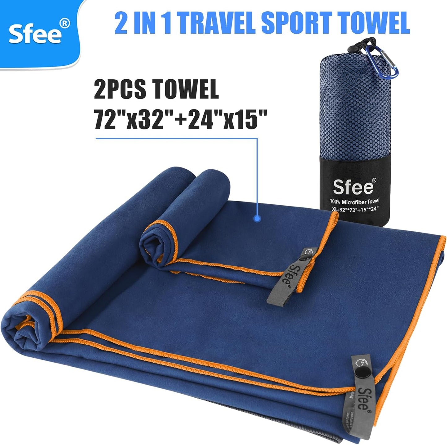 Sfee 2 Pack Microfiber Travel Towel, Quick Dry Towel Camping Towel Large Beach Towel Super Absorbent Compact Lightweight Sports Gym Towels Set for Beach, Gym, Hiking, Pool, Backpacking,Bath,Yoga