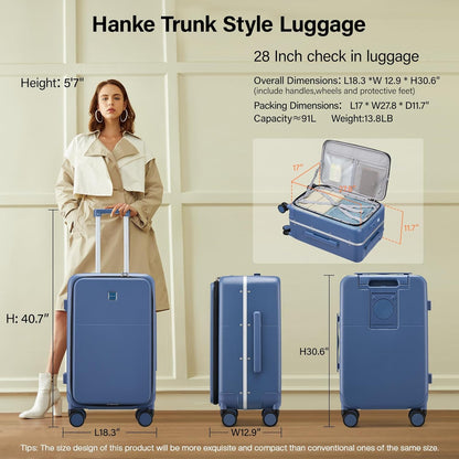 Hanke 28 Inch Luggage with Cup Holder and Charge,Top Opening Hard Shell Suitcases with Wheels and Dividers,Aluminum Frame Trunk Luggage Extra Large Suitcase with Lock for Travel,Interstellar Blue