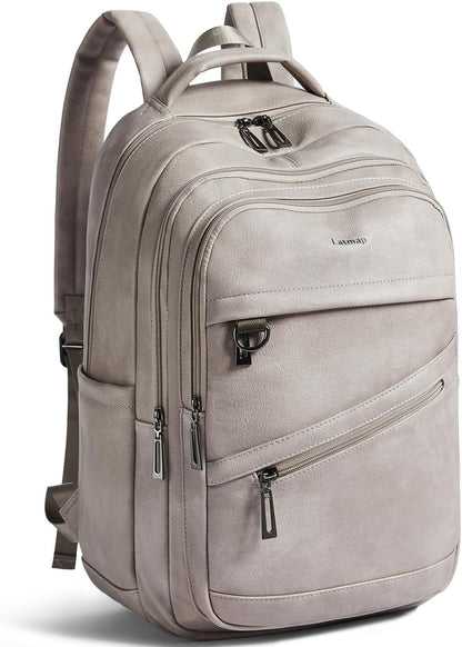 43L Backpack for Women Men - Vegan Leather Backpack Purse Travel Carry-on Bag College Bookbag Work fits 17" Laptop,Ash Gray Retro