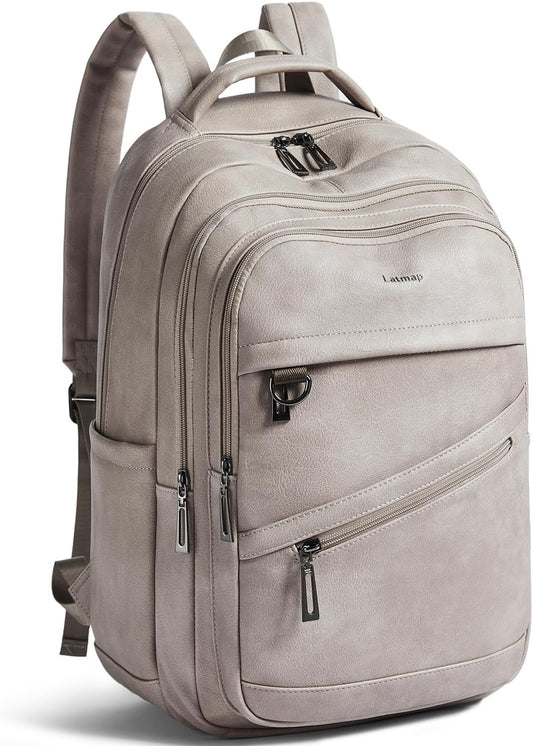 43L Backpack for Women Men - Vegan Leather Backpack Purse Travel Carry-on Bag College Bookbag Work fits 17" Laptop,Ash Gray Retro