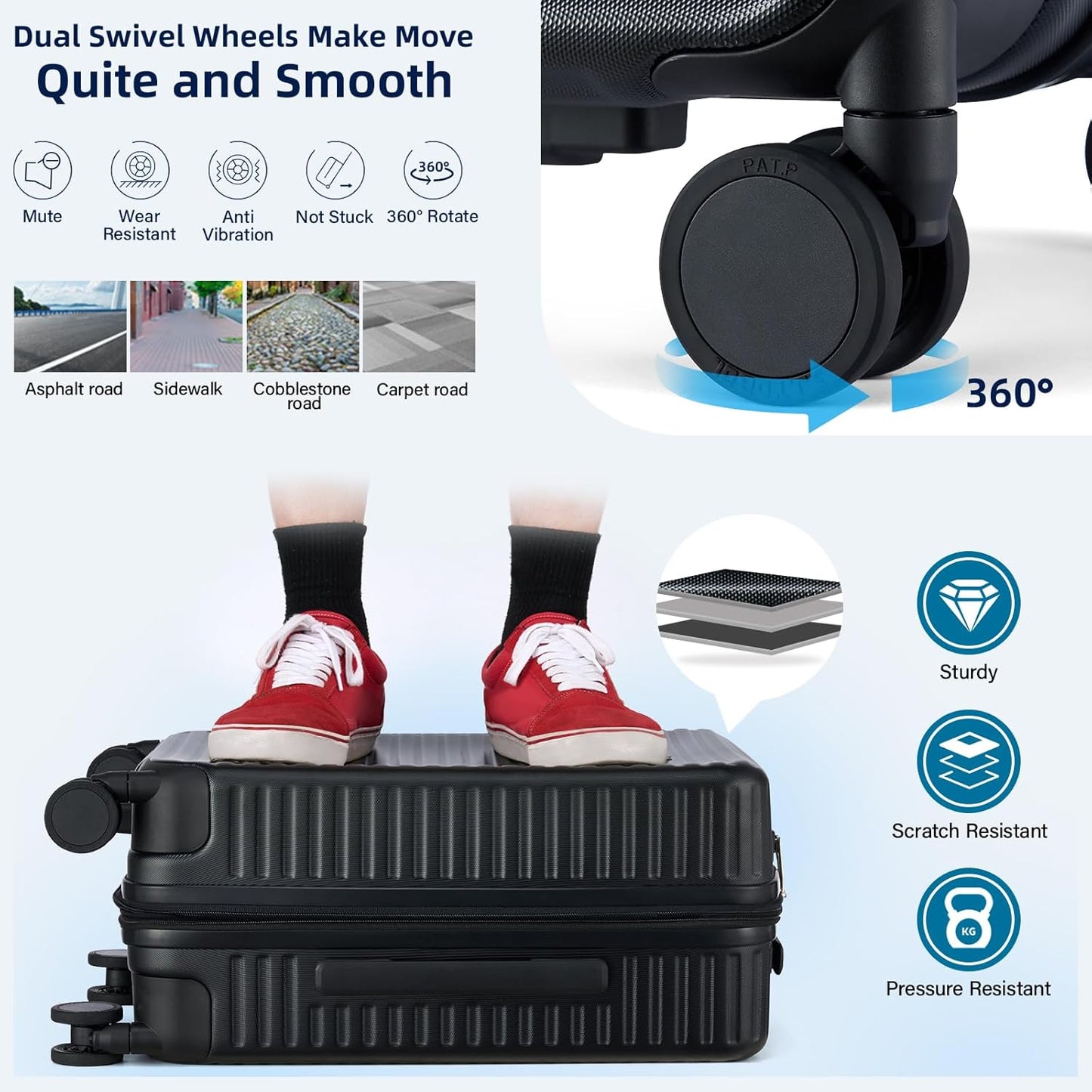 Hard Shell Suitcases Expandable Travel Luggage Sets 2 Piece, Carry on and Check in Luggage Lightweight Suitcase Set 2 Piece with Wheels Cup Holder Charger Built in (Black, 20/28)