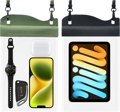 Large Watperproof Pouch 2 Pack [Up to 11.3"], IPX8 Waterproof Cell Phone Case Dry Bag Pouch Compatible with iPhone 14 13 12 Pro Max, Galaxy S23 Ultra S22 or iPad mini, Black+Army Green