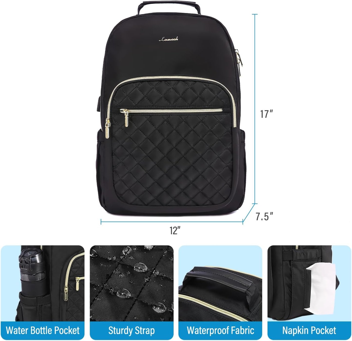 LOVEVOOK Laptop Backpack Purse for Women, Work Business Travel Computer Bags with 15.6 Inch Laptop Compartment, Teacher Nurse Backpack for Womens, Quilted Casual Daypack with USB Port, Black