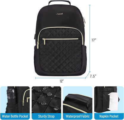 LOVEVOOK Laptop Backpack Purse for Women, Work Business Travel Computer Bags with 15.6 Inch Laptop Compartment, Teacher Nurse Backpack for Womens, Quilted Casual Daypack with USB Port, Black