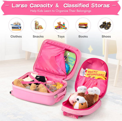 HONEY JOY Kids Luggage, 12" Toddler Backpack & 16" Travel Suitcase with Wheels, Lightweight Toddler Girls Suitcase, Durable ABS Hardshell, 2Pcs Carry On Luggage Set for Boys Girls(White Horse)