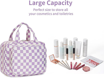 Narwey Hanging Toiletry Bag for Women Travel Makeup Bag Organizer Toiletries Bag for Travel Size Essentials Accessories Cosmetics (Purple Checkerboard (Medium))