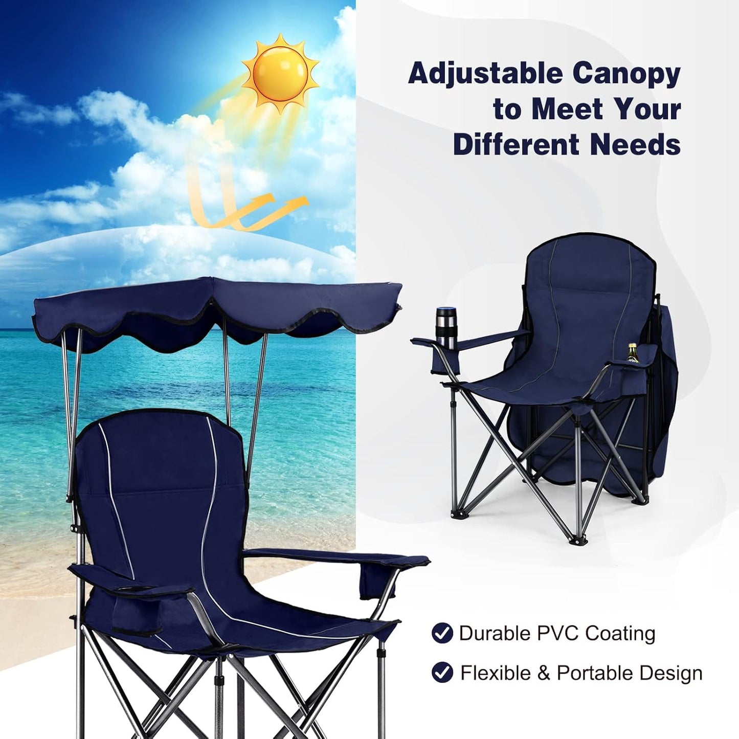 S AFSTAR Safstar Folding Camping Chair with Canopy, Portable Lawn Beach Canopy Chair with Cup Holder & Carry Bag, Load Bearing Up to 265LBS, Folding Chair for Outside Outdoor Travel Hiking Fishing