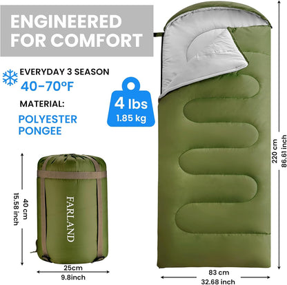 FARLAND Sleeping Bags 30℉ for Adults Teens Kids with Compression Sack Portable and Lightweight for 3-4 Season Camping, Hiking,Waterproof, Backpacking and Outdoors