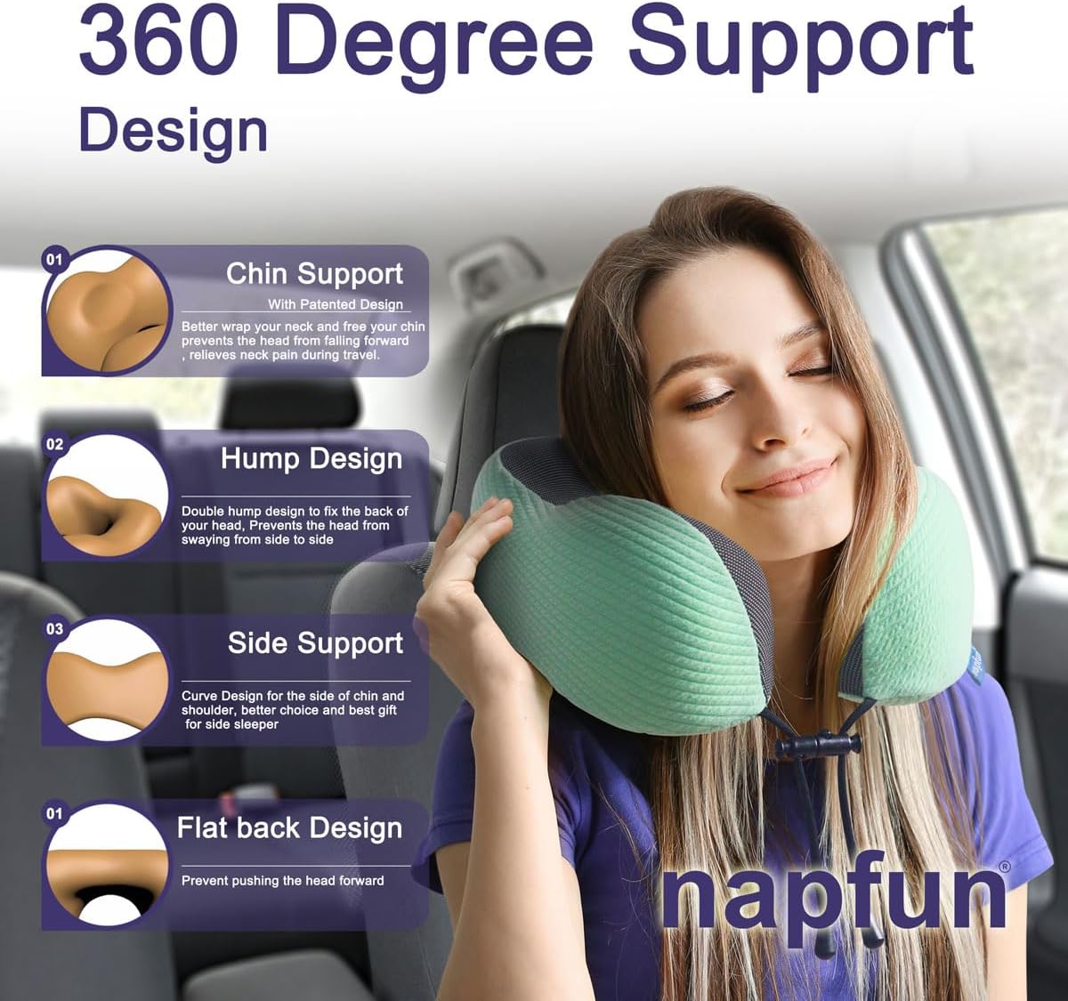 napfun Neck Pillow for Traveling, Upgraded Travel Neck Pillow for Airplane 100% Pure Memory Foam Travel Pillow for Flight Headrest Sleep, Portable Plane Accessories, Striped Turquoise Set