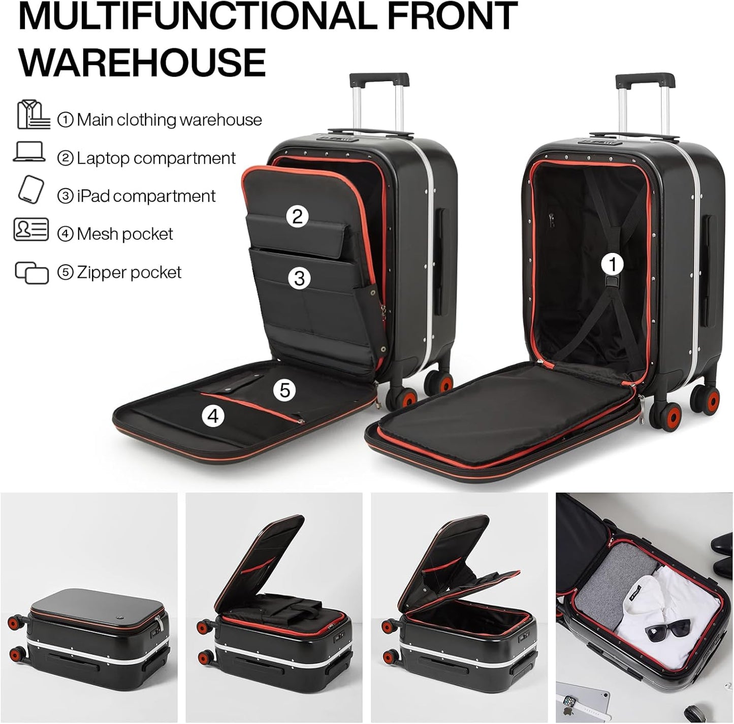 mixi Luggage Suitcase with Spinner Wheels, 24'' Checked Travel Luggage Aluminum Frame PC Hardside with TSA Lock & Cover - Black Hollow Wheel