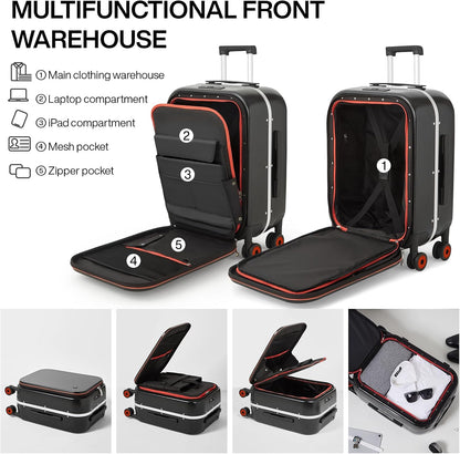 mixi Luggage Suitcase with Spinner Wheels, 24'' Checked Travel Luggage Aluminum Frame PC Hardside with TSA Lock & Cover - Black Hollow Wheel