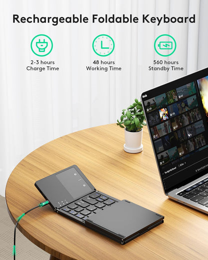 Samsers Foldable Bluetooth Keyboard with Touchpad - Portable Wireless Keyboard with Holder, Rechargeable Full Size Ultra Slim Pocket Folding Keyboards for Android Windows iOS Tablet & Laptop - Black