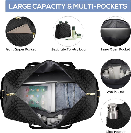 Travel Weekender Duffle Bag for Women - Overnight Bag with Shoe Compartment Carry on Bag with Toiletry Bag Gym Duffel Bag with Wet Pocket Hospital Bags for Labor and Delivery 3 Pcs Set Black