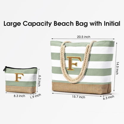 Becokan Beach Bag Initial Beach Tote with Makeup Bag for Travel Work Storage Personalized Birthday Gifts for Women Her