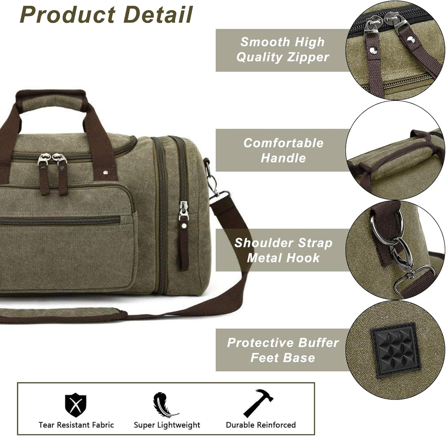 Felipe Varela Green 40L Canvas Duffel Bag for Men, Expandable Travel Gym Overnight Carry On Bag