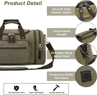 Felipe Varela Green 40L Canvas Duffel Bag for Men, Expandable Travel Gym Overnight Carry On Bag