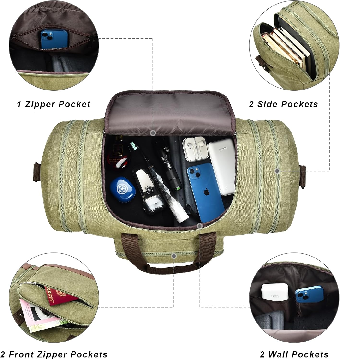 Litvyak Duffle Bag for Travel, Large 60L Canvas Travel Duffel Bags Overnight Weekend Gym Carry On Luggage Bag for Men & Women(Army Green)