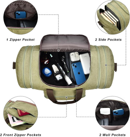 Litvyak Duffle Bag for Travel, Large 60L Canvas Travel Duffel Bags Overnight Weekend Gym Carry On Luggage Bag for Men & Women(Army Green)