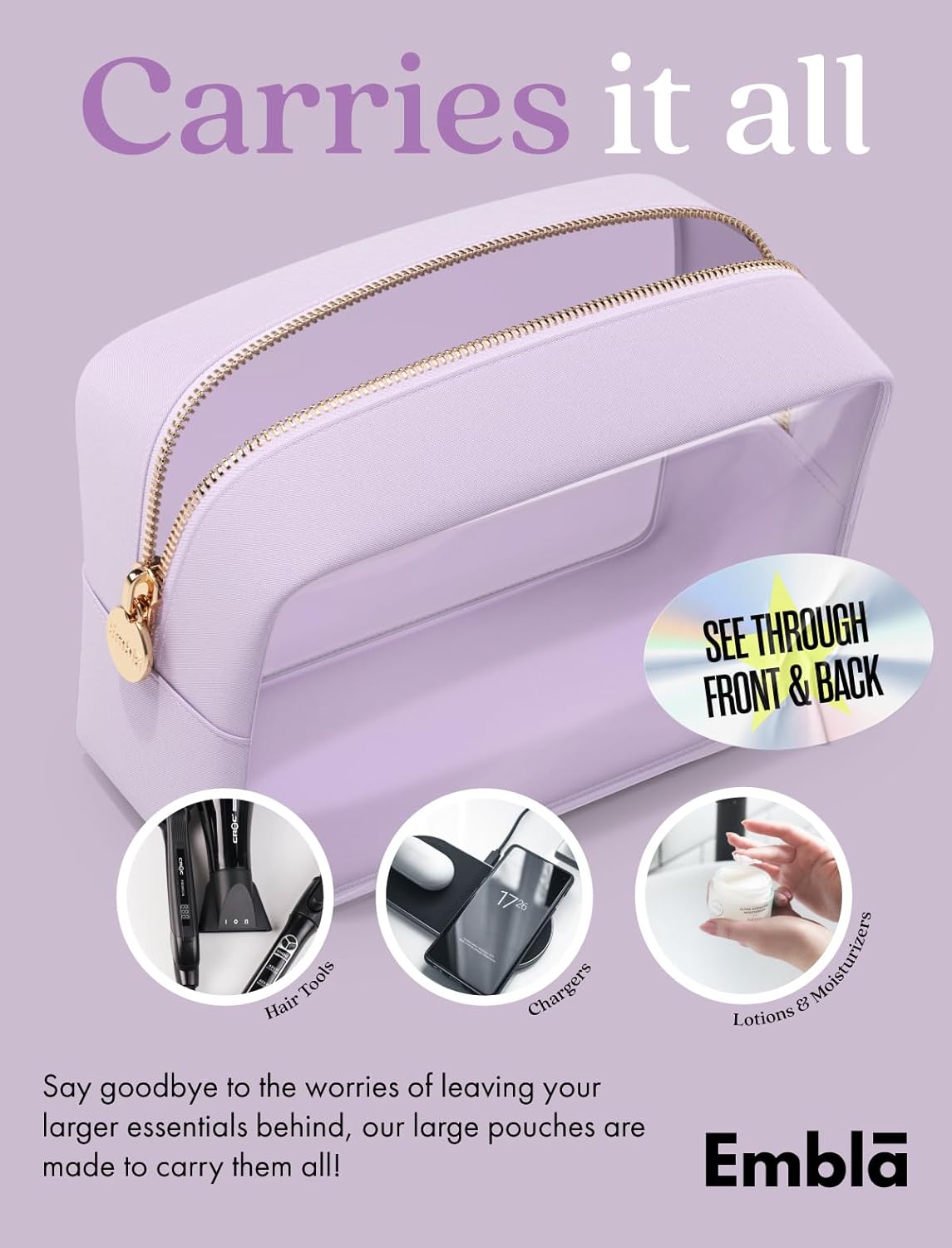 Clear Makeup Bag Zipper Pouch, Transparent Cosmetic Case Organizer, TSA Approved Travel Toiletry Case, Travel Accessories Essentials Makeup Tote for Women, Large Cute Make up Bag for Purse - Lilac