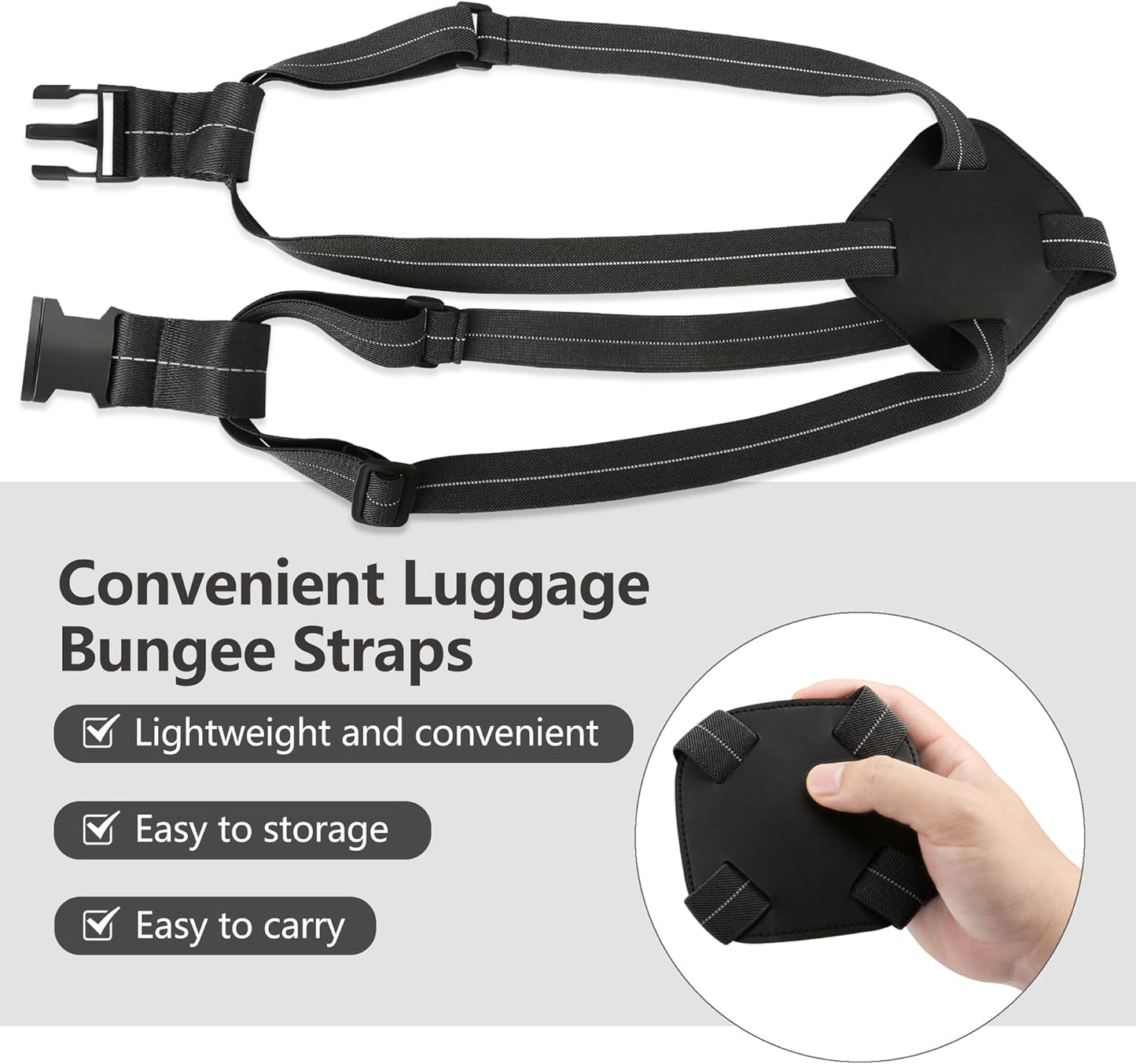 Luggage Bungee Straps for Attaching Bags - 2 Pack Adjustable Elastic Luggage Straps with Buckle, Black Luggage Strap for Suitcases Handle Carry on Add Bag, Backpack, Purse, Roller Bags, Handbag