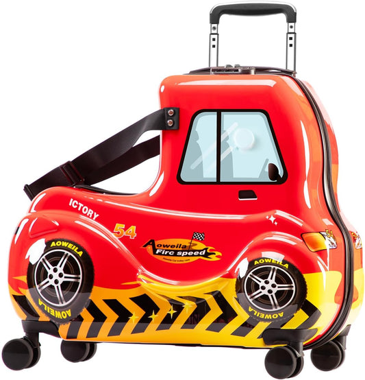 Kids Checked Ride on Luggage, 24 Inch Large Suitcase for Teens, Hardside Spinner Trunk with 360 Wheels, International Travel, Red car