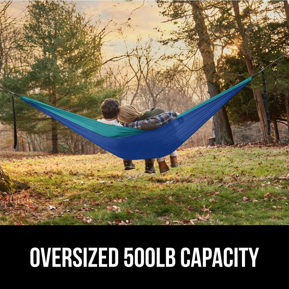 GORILLA GRIP Durable Portable Camping Hammock, Holds 500lbs with Heavy Duty Tree Straps, Comfortable Travel Swing, Camp Hammocks, Easy to Use and Install, Outdoor Essentials, Blue, 10x6.5 FT