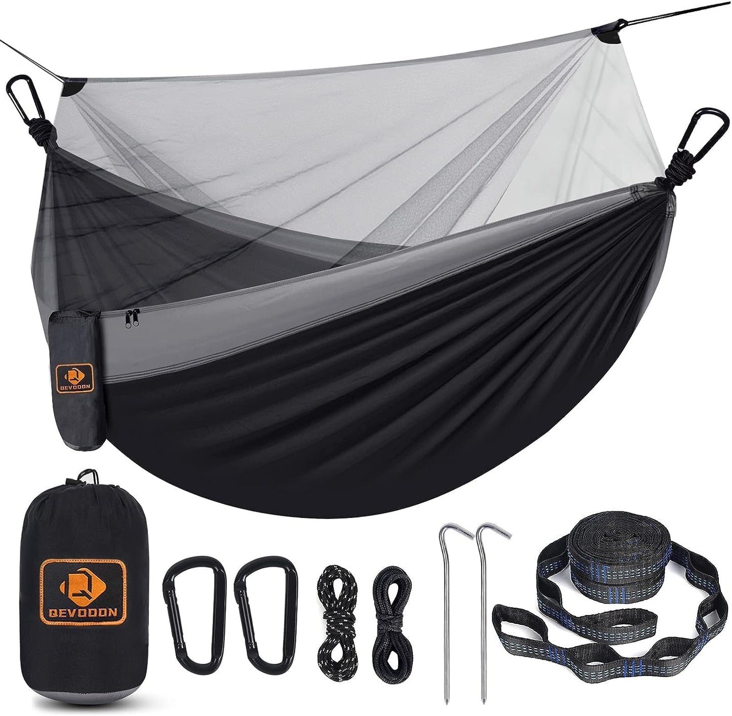 Camping Hammock with Net,Portable Lightweight Double Hammocks with Tree Straps and Solid D-Shape Carabiners,Parachute Nylon Hammock for Backpacking Beach Backyard Patio Hiking Black&Grey