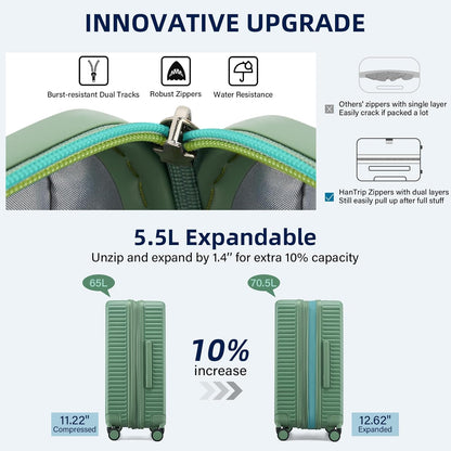 Hard Shell Suitcases Travel Expandable Luggage, 24 Inch Check in Luggage with Spinner Wheels Cup Holder Charger Built in, Checked Medium Suitcase Lightweight Suitcases, Forest Green