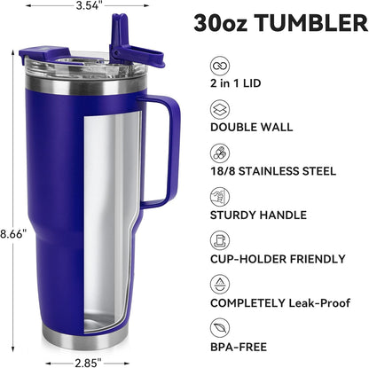 30oz Tumbler with Handle, Insulated Leak Proof Coffee Travel Mug with Straw Lid Double Wall Stainless Steel Vacuum Tumblers Metal Cup Keep Hot and Iced Drink for Gym, Office, Camping, Blue 1 Pack