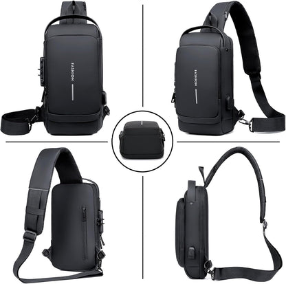 Sling Bag for Men Anti-theft USB Crossbody Shoulder Backpack Purse Waterproof PU Leather Chest Bag Travel Daily Use