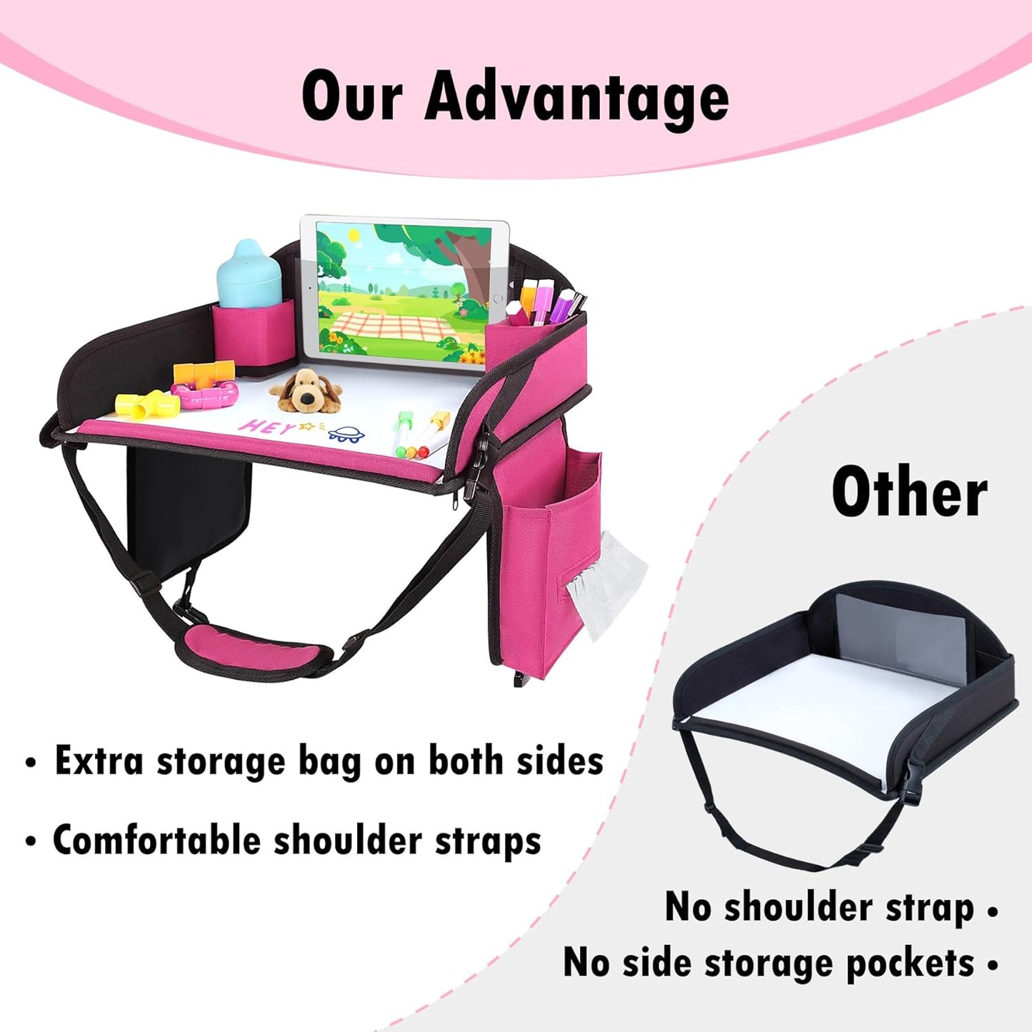 Kids Travel Tray for Airplane - Toddler Car Seat Table Tray, Road Trip Essentials for Boys & Girls, Carseat Lap Desk for Kids Road Trip Activities (Pink)