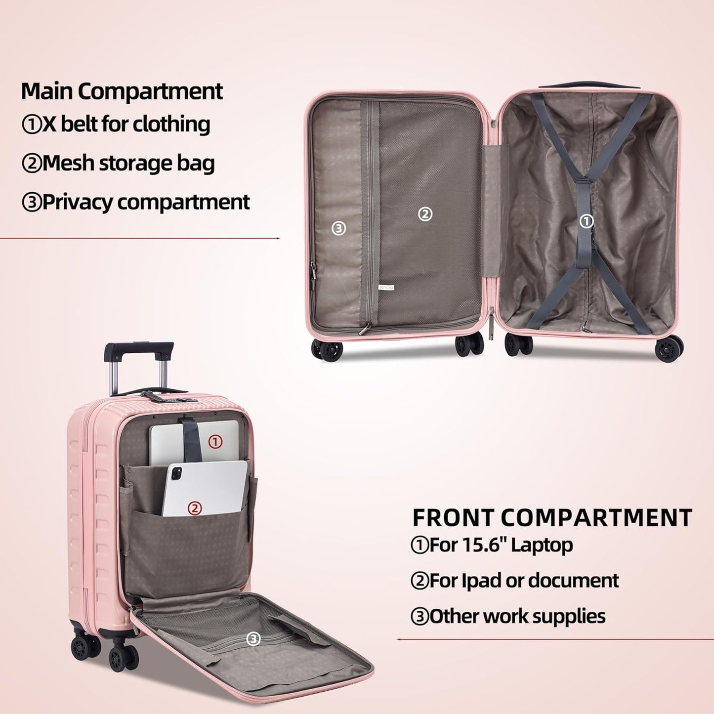 19 Inch Suitcase Hand Luggage with Front Pocket for 15.6" Laptop, 35 * 23 * 55cm, 43L, Ligthweight ABS+PC Hardshell Carry On, TSA Lock & YKK Zippers with HINOMOTO 360° Wheels, Pink