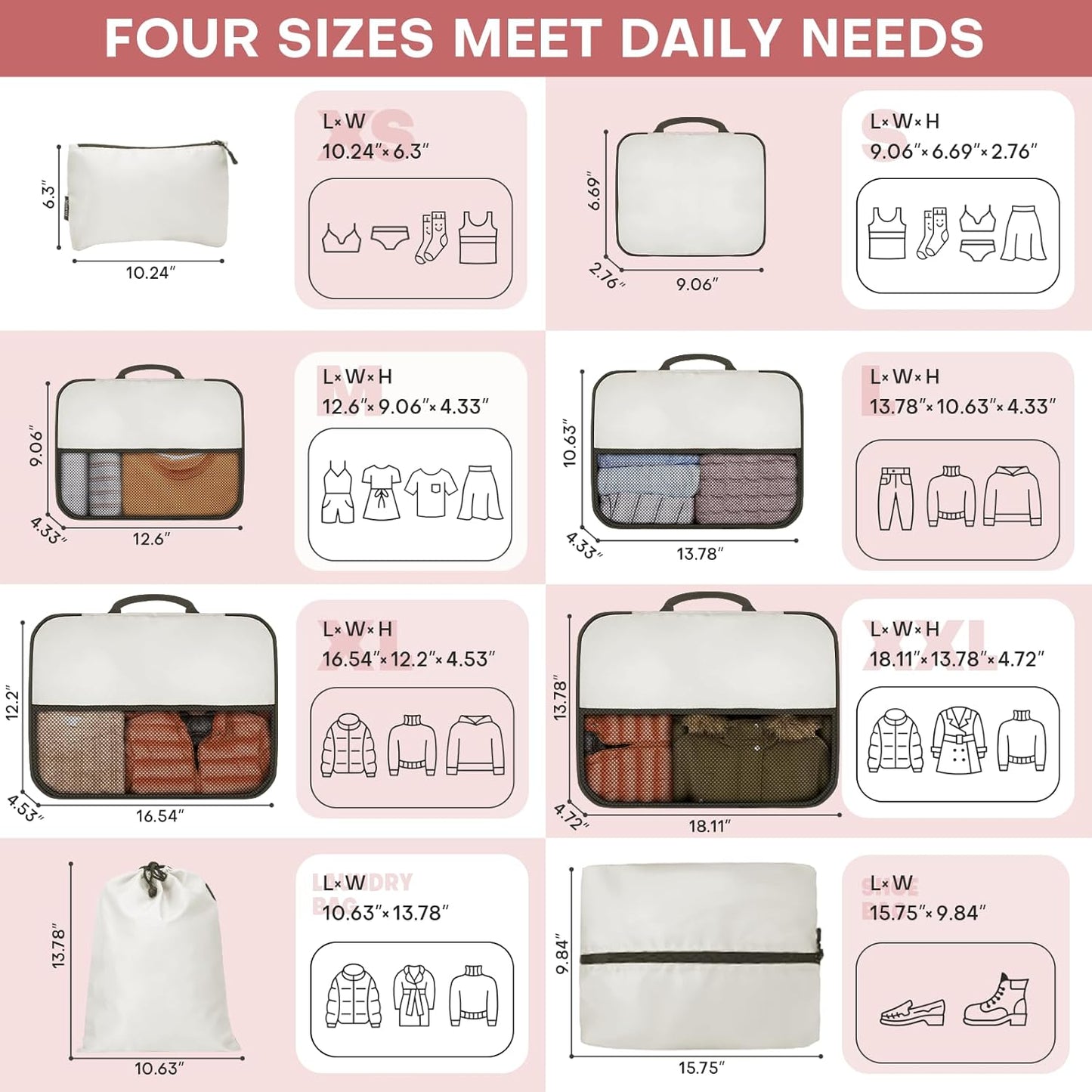 8 PCS Compression Packing Cubes for Travel Women, Compression Bags Organizer for Luggage Space Saving Travel Essentials and Carry on, Luggage Organizer Bags for Suitcase - Beige