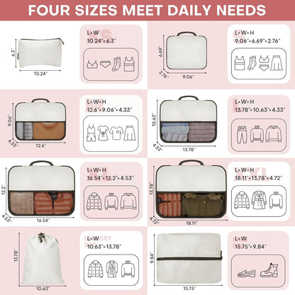8 PCS Compression Packing Cubes for Travel Women, Compression Bags Organizer for Luggage Space Saving Travel Essentials and Carry on, Luggage Organizer Bags for Suitcase - Beige
