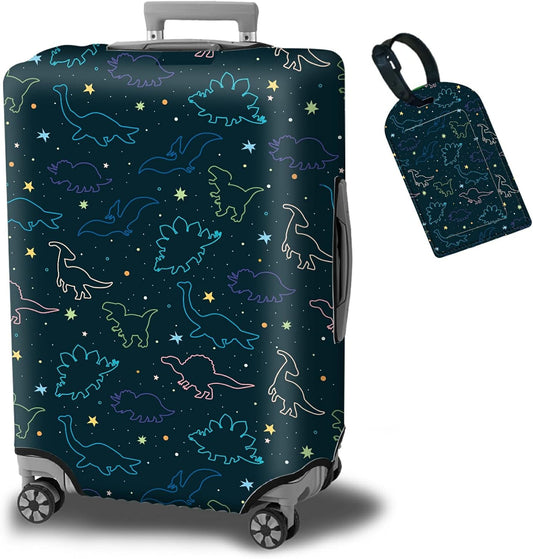Luggage Cover Suitcase Protector Plus 1 Luggage Tag, Dinosaurs Space Travel Suitcase Cover Suitable for 22-24 inch Luggage (M) with Concealed Zipper Washable Elastic Cloth Dustproof Anti-Scratch