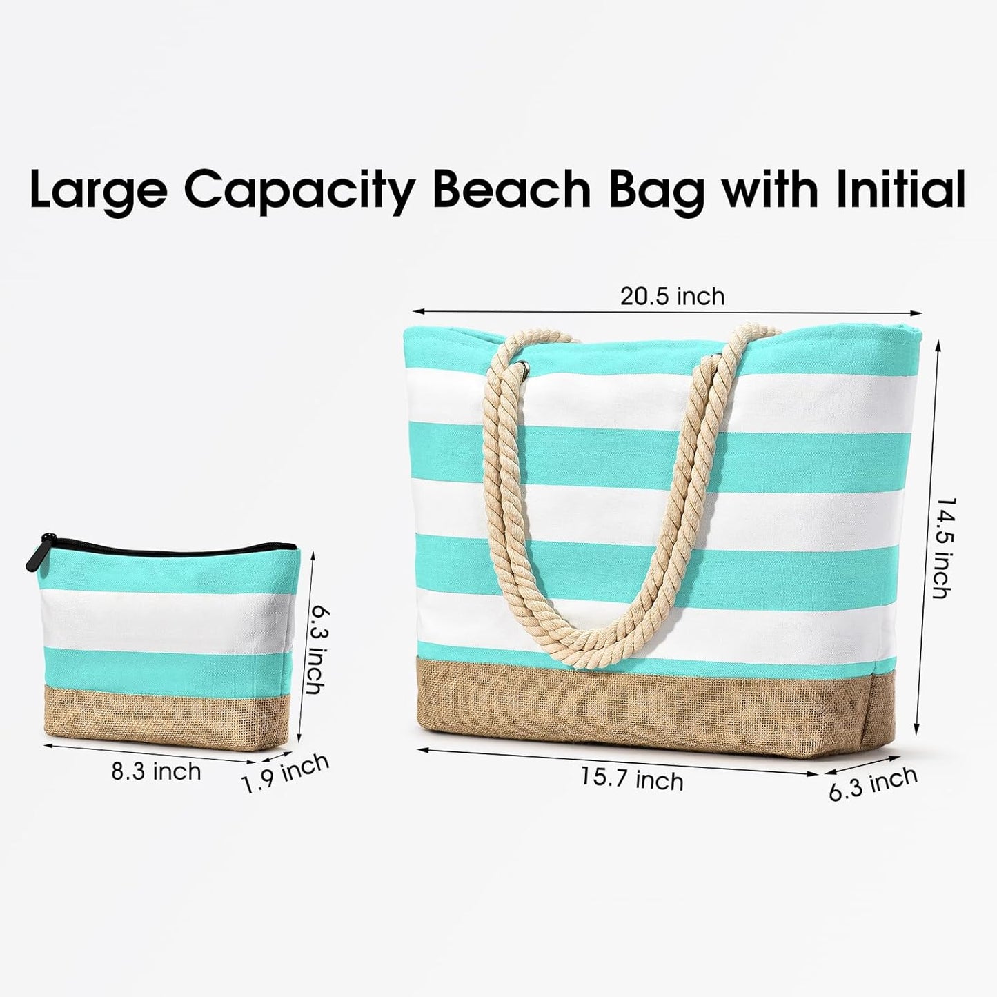 Becokan Beach Bag Initial Beach Tote with Makeup Bag for Travel Work Storage Personalized Birthday Gifts for Women Her