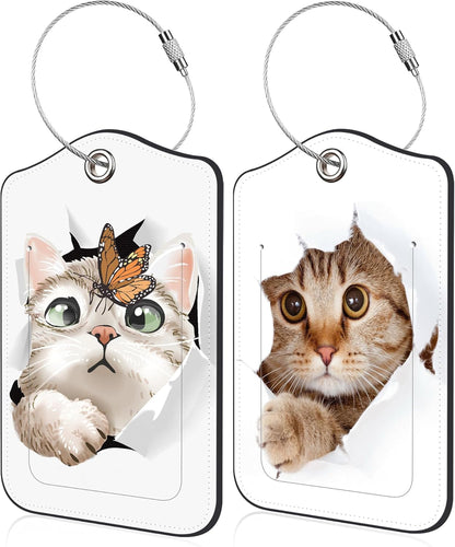 2 Pack Luggage Tag for Suitcase Cat and Butterfly in Hole Leather Travel Cruise Luggage Tag with Stainless Steel Loop Name ID Label Privacy Cover for Adults Teens Travel Bag Labels Set