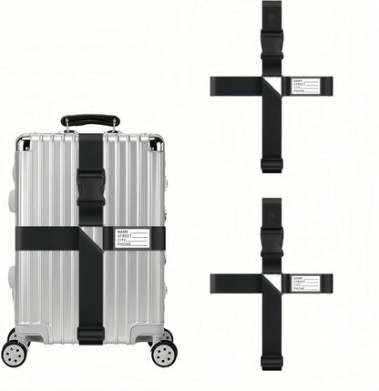 2-Pack Adjustable Luggage Straps for Suitcases – 2-Inch Wide Cross Travel Belt for 20"-32" Carry-On, Large & Collapsible Luggage – Durable Seatbelt Material, Suitcase Belts & Connector Straps (Black)