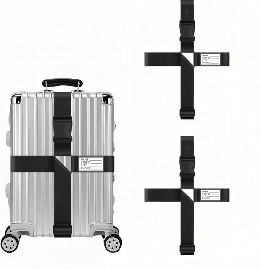 2-Pack Adjustable Luggage Straps for Suitcases – 2-Inch Wide Cross Travel Belt for 20"-32" Carry-On, Large & Collapsible Luggage – Durable Seatbelt Material, Suitcase Belts & Connector Straps (Black)