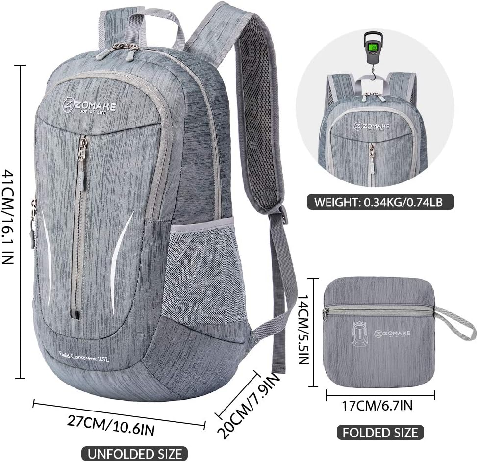 ZOMAKE 25L Ultra Lightweight Packable Backpack, Foldable Hiking Backpacks Water Resistant Small Folding Daypack for Travel(Medium Grey)