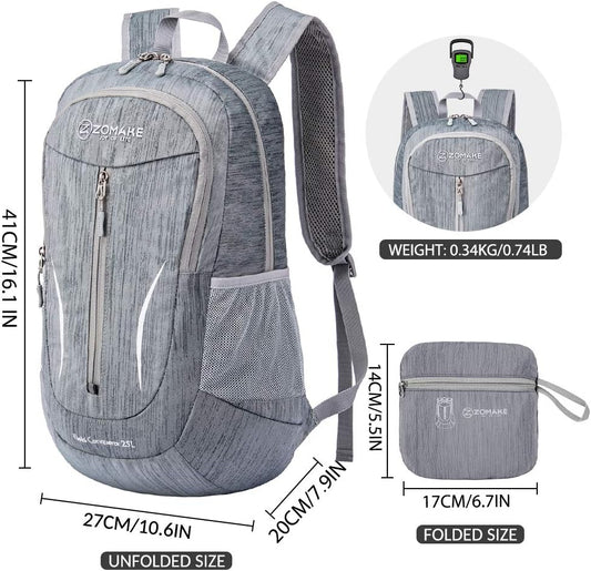 ZOMAKE 25L Ultra Lightweight Packable Backpack, Foldable Hiking Backpacks Water Resistant Small Folding Daypack for Travel(Medium Grey)