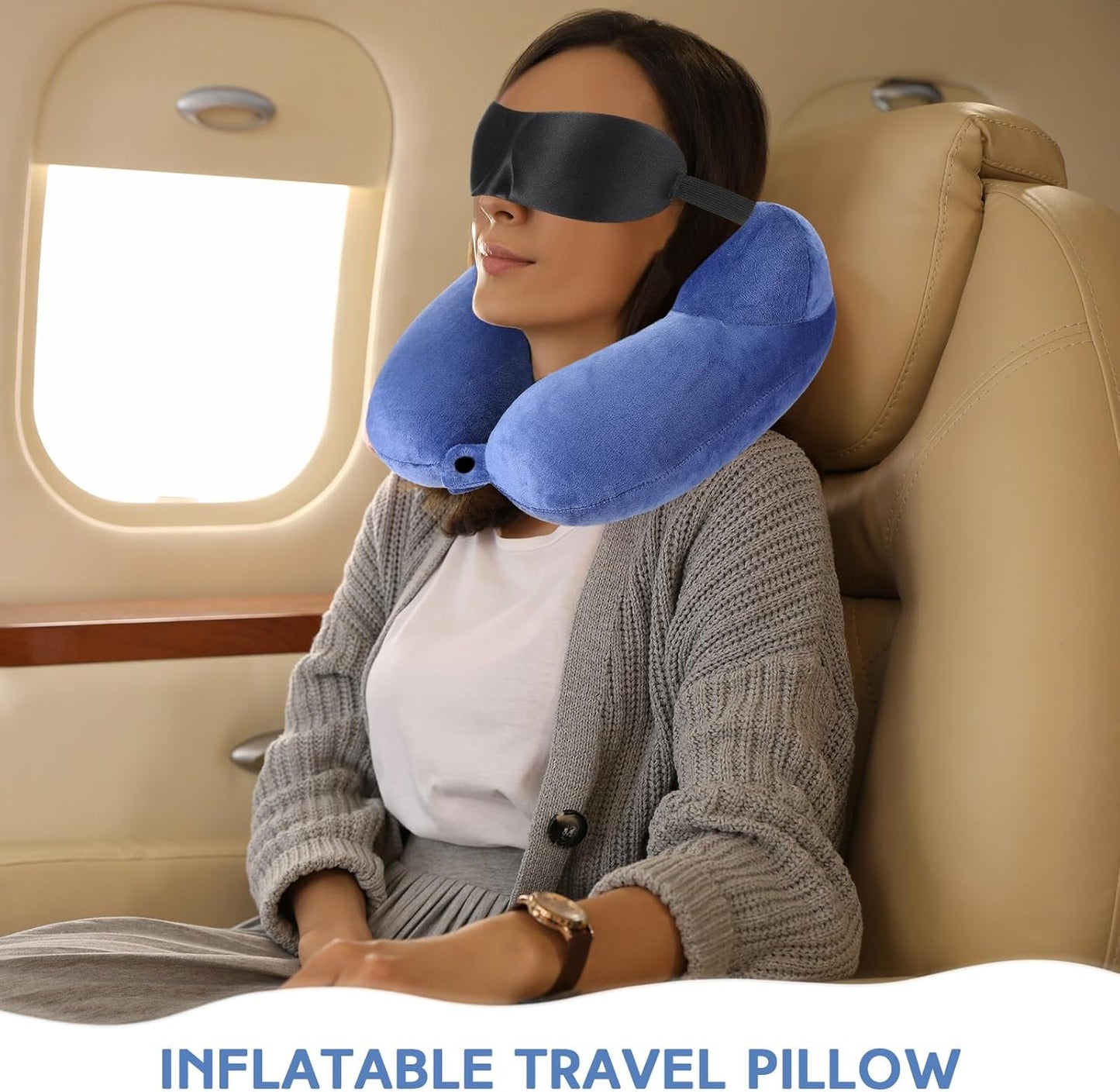 Sintuff 2 Pcs Inflatable Travel Pillow with Compact Bag and Blindfold Velvet Inflatable Neck Airplane Pillow Washable Cushion for Airplanes Flight Car Long Traveling Kids Adults Grey Blue