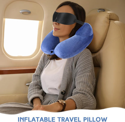Sintuff 2 Pcs Inflatable Travel Pillow with Compact Bag and Blindfold Velvet Inflatable Neck Airplane Pillow Washable Cushion for Airplanes Flight Car Long Traveling Kids Adults Grey Blue
