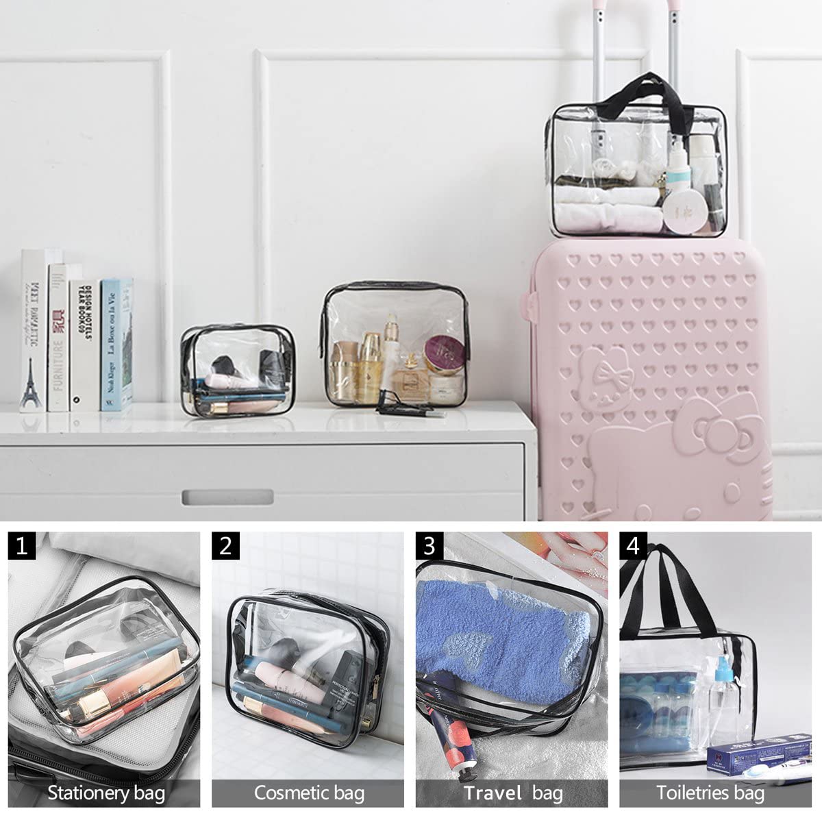 3Pcs Crystal Clear PVC Travel Toiletry Bag Kit for Women Men, Waterproof Vinyl Organizer Clear Makeup Bags with Zipper Handle Straps, Cosmetic Bag Pouch Carry on Airport Airline Compliant Bag Handbag