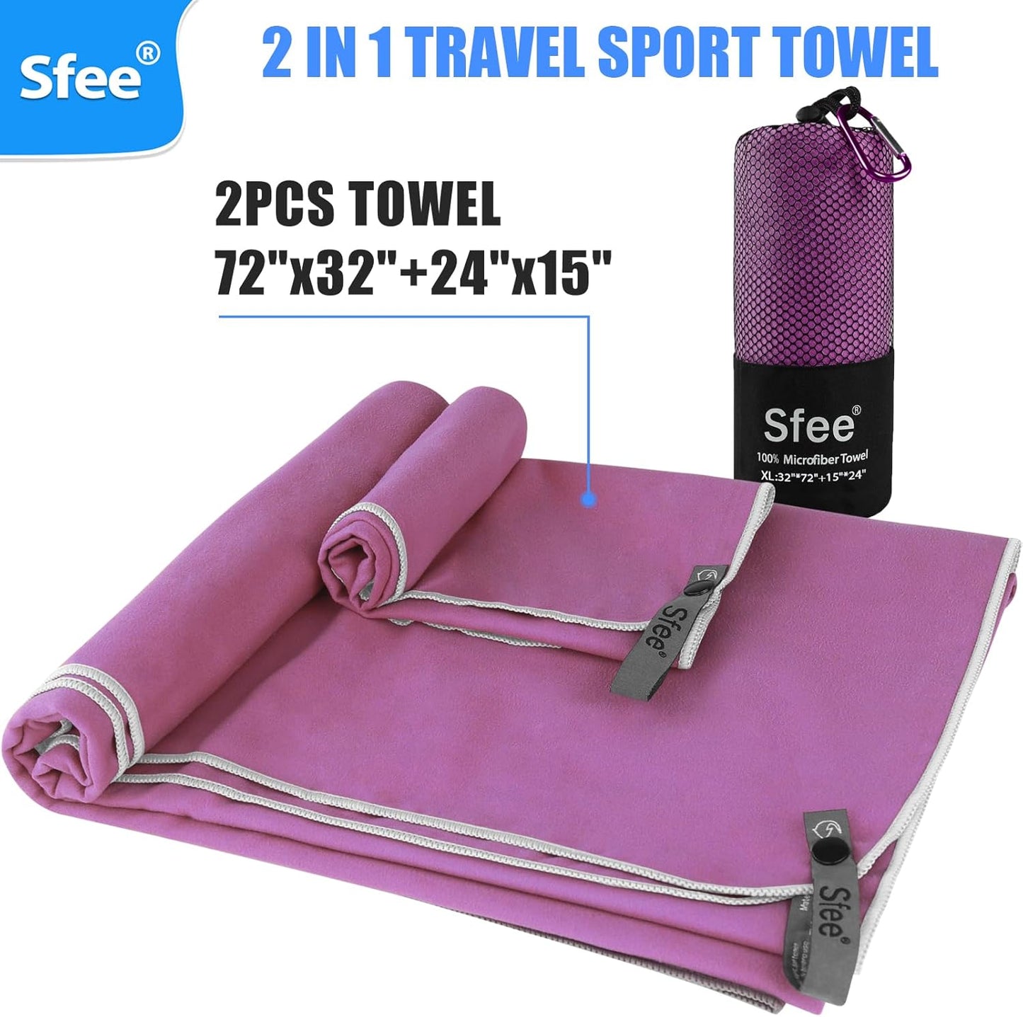 Sfee 2 Pack Microfiber Travel Towel, Quick Dry Towel Camping Towel Large Beach Towel Super Absorbent Compact Lightweight Sports Gym Towels Set for Beach, Gym, Hiking, Pool, Backpacking,Bath,Yoga