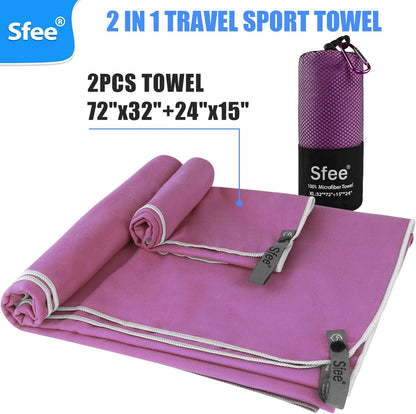 Sfee 2 Pack Microfiber Travel Towel, Quick Dry Towel Camping Towel Large Beach Towel Super Absorbent Compact Lightweight Sports Gym Towels Set for Beach, Gym, Hiking, Pool, Backpacking,Bath,Yoga