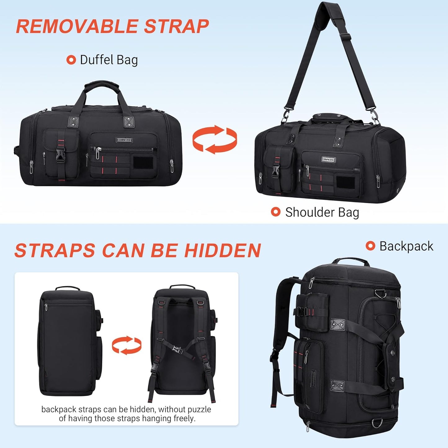 WITZMAN Travel Duffel Bags for Men Large Carry On Weekender Overnight Bag 3 in 1 Backpack with Shoe Compartment （B693 Black）