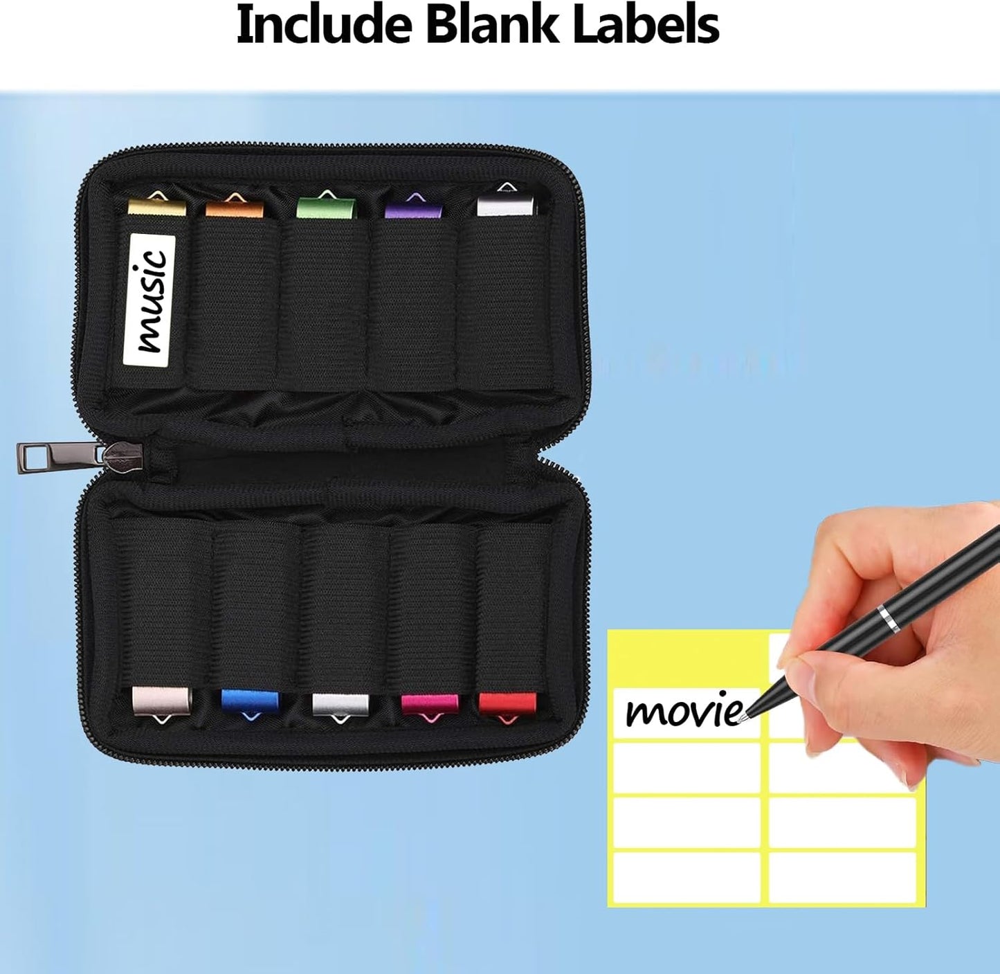 ABLAZE Flash Drive Case USB Storage Case, USB Holder Storage Bag with Label, Portable USB Case Electronic Accessories Organizer for USB Thumb Drive (Black)