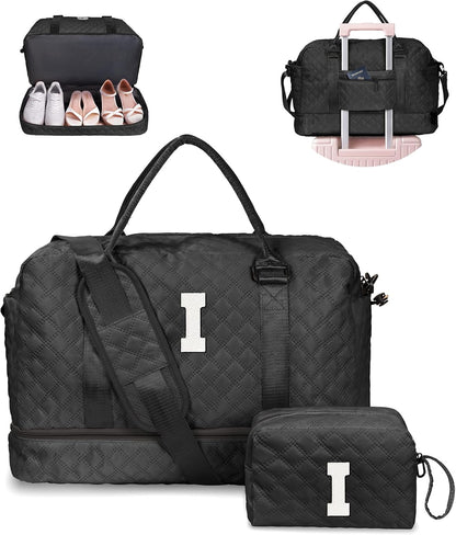Gifts for Friends-Initial Duffle Bag with Shoe Compartment, Personalized Weekender Bag, Monogram Overnight Bag, Travel Bag with Makeup Bag，Birthday Gifts Bag for Daughter Sister (Letter I)